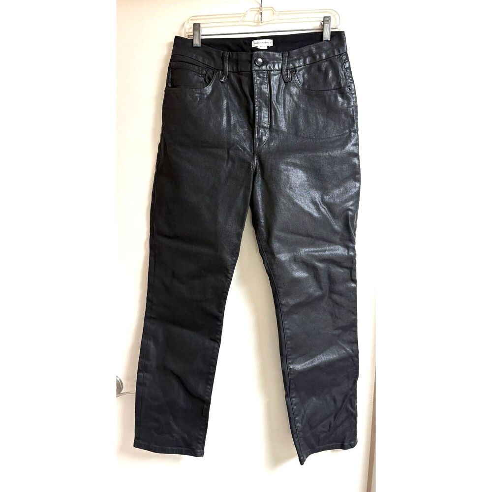 Good American Black Coated Jeans 14 Plus Wax Vegan Faux Leather Pants Denim Club